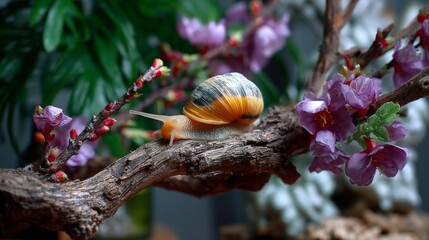 Colorful snail explores a miniature garden with vibrant flowers in a tranquil setting