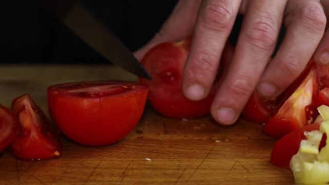 Cutting Tomato Slice Close Up 
