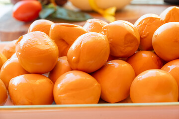 Cheese collection, smoked yellow italian mini scamorza or scamorzella cheese