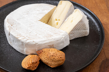 French soft cheeses collection, creamy cow's milk cheese roudou with white mold, France
