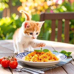 Cute ginger kitten reaching for pasta dish outdoors