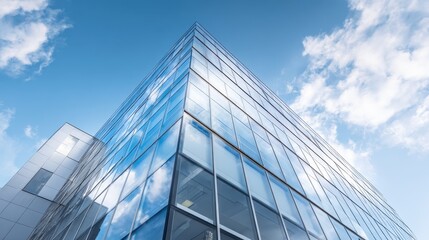 Modern glass office building reflecting clouds against blue sky