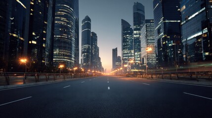 Obraz premium City skyline illuminated by streetlights at dusk with empty road leading into urban landscape
