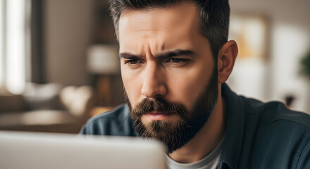 Close-up of bearded man looking at laptop screen, serious expression, blurred home background