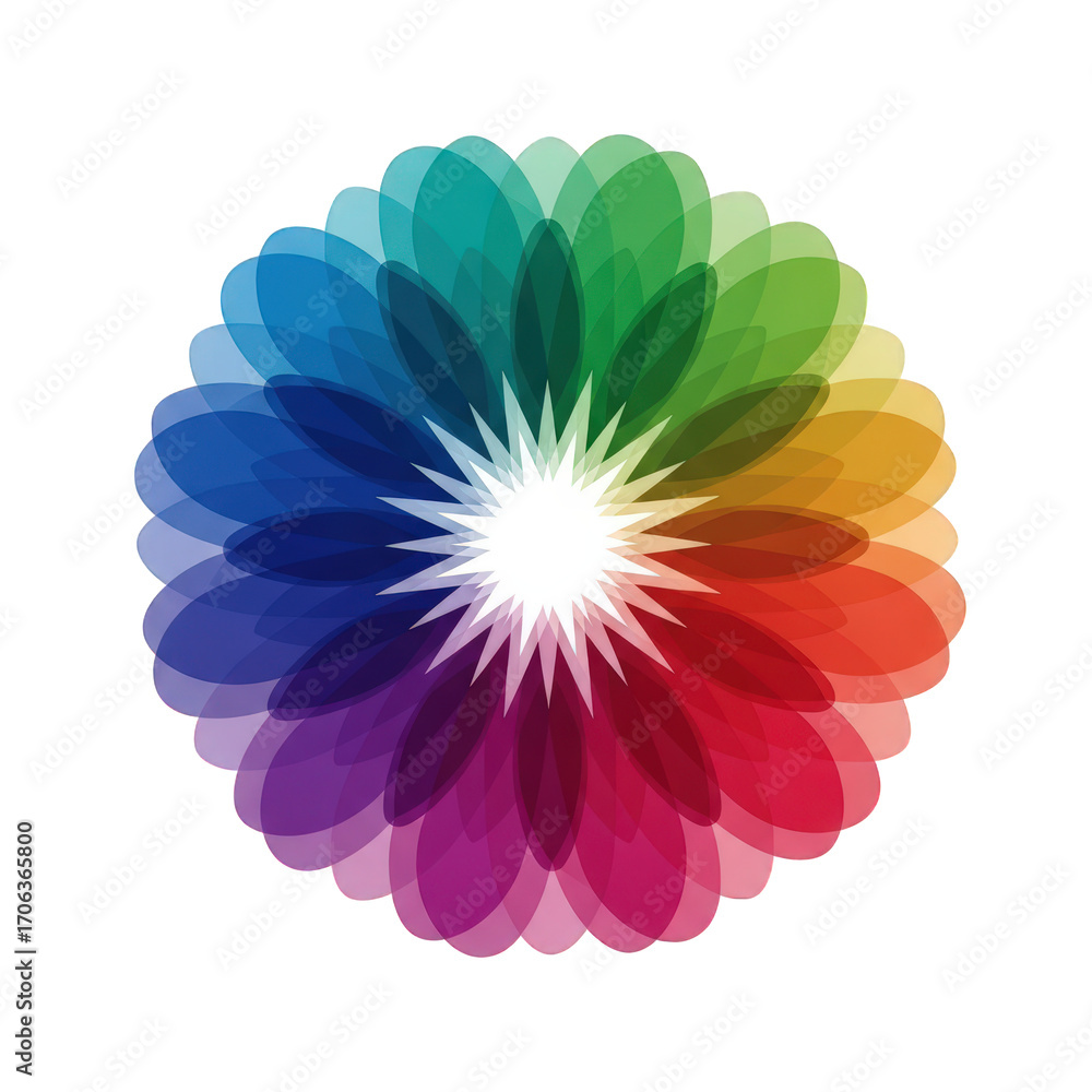 Aufkleber Vibrant Multi-Colored Flower with a Starburst Center on a Transparent Canvas Perfect for Springtime Designs and Creative Projects Requiring a Burst of Color