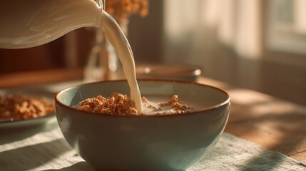 Breakfast time: pouring fresh milk on a bowl of delicious cereal with warm light