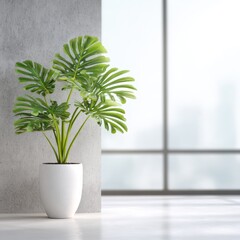 Fototapeta premium Sunlit Serenity - Lush Monstera Plant in a Minimalist Room with a Concrete Wall.