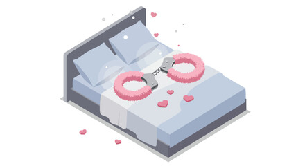 Fototapeta premium Romantic bedroom scene with fluffy handcuffs and hearts in isometric style