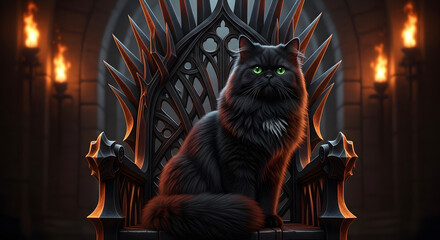 Majestic black Persian cat on a wrought-iron Gothic throne, dark background lit by torches. Realistic image. HD