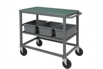 Studio shot of a gray metal utility cart with three empty gray bins and a handle, isolated on a transparent background