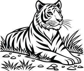 Obraz premium Vector art of a black and white illustration of a tiger lying down in grass with rocks around it