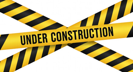 Yellow and black hazard tape with under construction sign isolated on transparent background