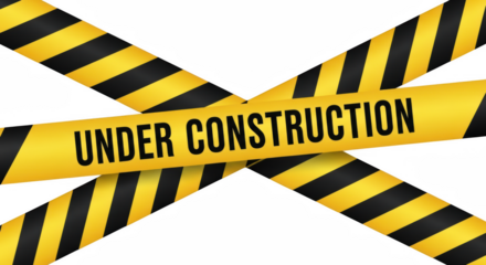 Yellow and black hazard tape with under construction sign isolated on transparent background
