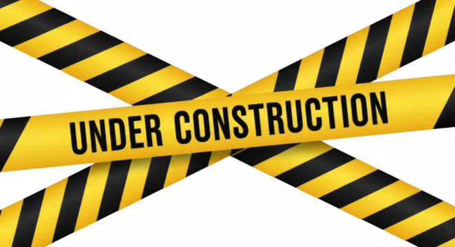 Yellow and black hazard tape with under construction sign isolated on transparent background