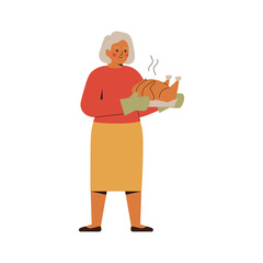 Senior woman holds baked turkey for thanksgiving day. Smiling grandmother prepared chicken to festive family dinner. Vector illustration