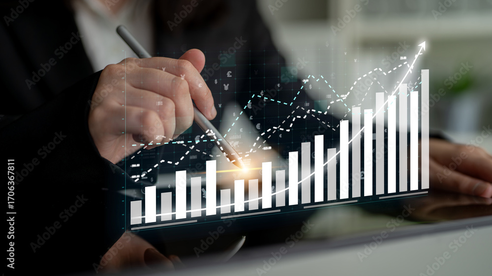 Poster a business professional uses a tablet to analyze financial data trends displayed through interactive
