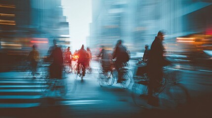 Busy city street filled with cyclists during twilight in an urban setting
