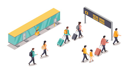 Isometric airport scene with travelers and luggage