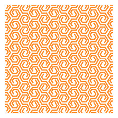 This image features a seamless orange geometric pattern of interlocking hexagons and spirals on a clean white background. The design is modern and dynamic, with a bold color that draws the eye.