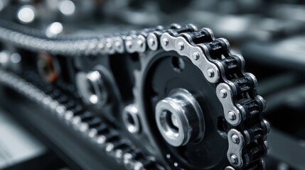 Close-up of a metal chain and gear mechanism displaying industrial engineering and mechanical