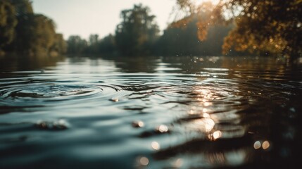 Fototapeta premium Capturing the Tranquility of a Lakeside Morning with Gentle Ripples and Sunlight Reflections