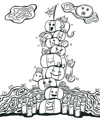 Cats play on pumpkins under the moon on Halloween night hand drawn doodle sketch illustration 