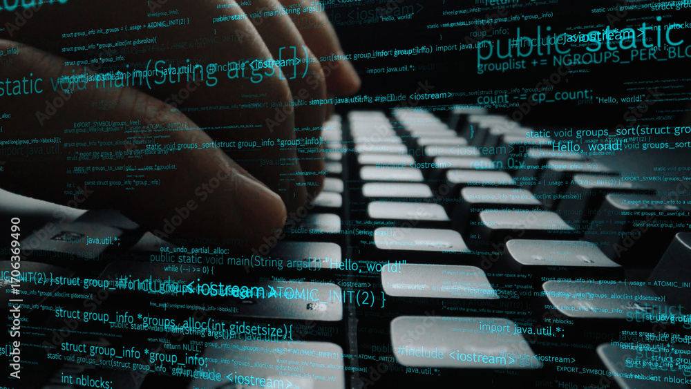 Aufkleber a close-up image showcasing hands typing on a keyboard, layered with digital code representing techn