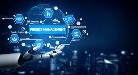 A futuristic robotic hand showcases project management concepts, emphasizing communication, risk assessment, and resource planning in a high-tech business environment. Tessel
