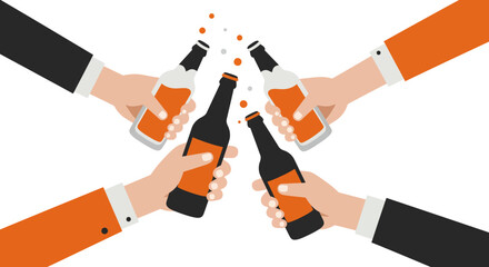 Celebratory cheers with clinking beer bottles in flat design