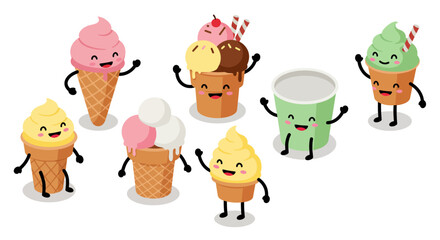 Cute cartoon ice cream characters with happy faces and waffle cones