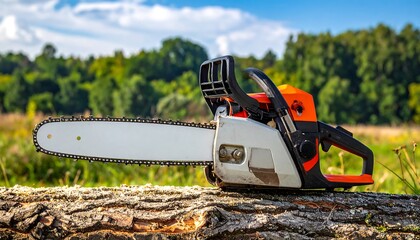 Chainsaw resting on a log in a field