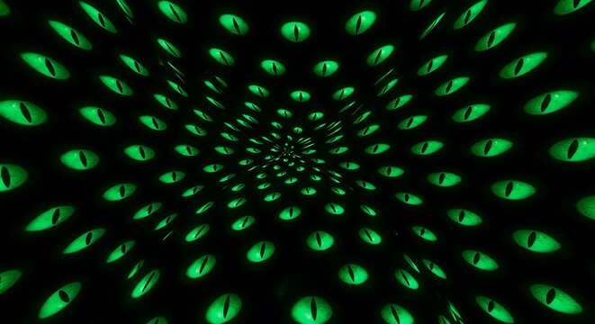 Dark background with green feline eyes repeating in a pattern, hypnotic effect