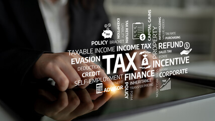 A detailed visualization of tax and finance concepts, featuring keywords related to income tax,...