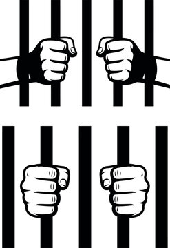 A graphic image of two pairs of hands cuffed and positioned behind prison bars.