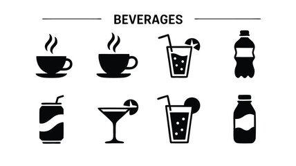 Collection of Various Beverage Icons Representing Hot Drinks Cold Refreshments and Canned Sodas