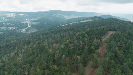 Fototapeta premium Aerial view of a forest trail winding through the green hills and ski slopes at the distance. Divcibare, Serbia