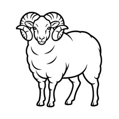 Black and white illustration of a ram with large curled horns