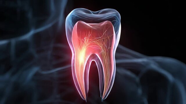 Ultra HD Anatomical illustration of a human tooth showing the inner structures and root video, tooth x-ray video