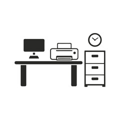 A minimalist black and white illustration depicting a desk with a computer, printer, and a filing cabinet with a clock above it.