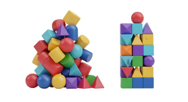 Colorful geometric building blocks for children, isolated on transparent background