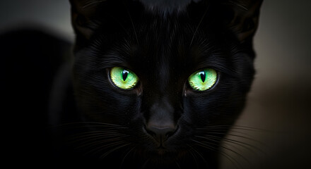 Black cat with bright green eyes close-up in the dark, gloomy blurred background