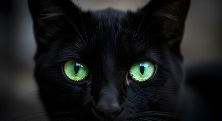 Black cat with bright green eyes close-up in the dark, gloomy blurred background