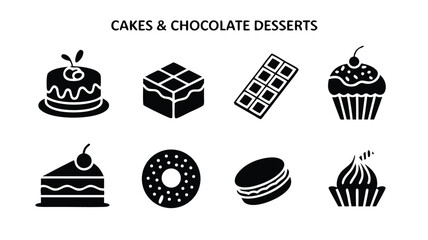 Collection of Delicious Cakes and Sweet Chocolate Desserts Icons Representing Confectionery Treats and Baked Goods