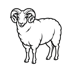 Line art illustration of a ram with large curved horns