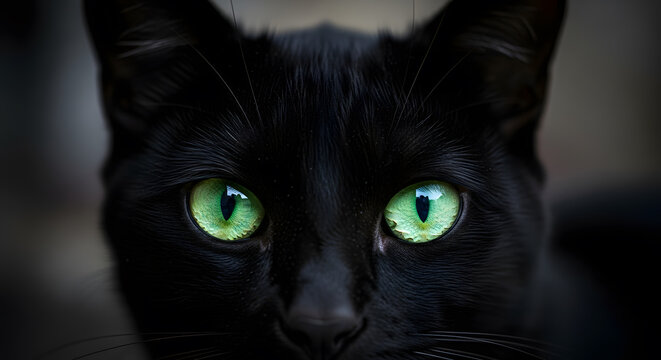 Black cat with bright green eyes close-up in the dark, gloomy blurred background - Powered by Adobe