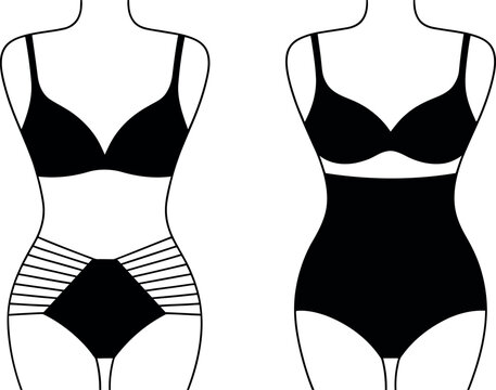 This black and white illustration displays two stylized female figures, each wearing different types of undergarments.