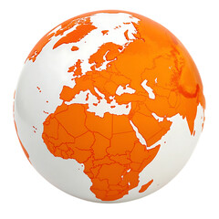 Stylized orange globe of earth showing continents europe africa asia isolated on transparent background