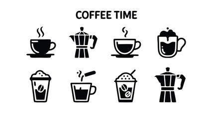 Illustrating a Collection of Coffee Beverages and Brewing Devices in Simple Silhouette Style Ideal for Graphic Design Projects
