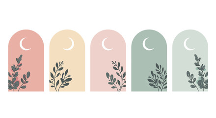 Fototapeta premium Pastel colored archways with abstract foliage and moons