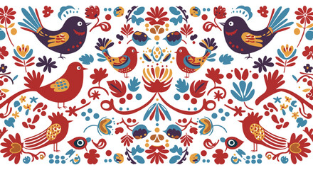 Colorful folk art birds and floral pattern with symmetrical design